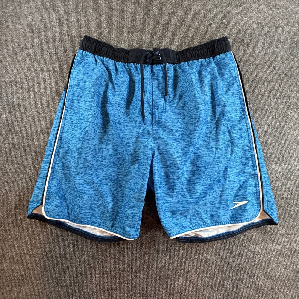 Speedo Mens Swim Trunks Blue Heathered Board Shorts XL Mesh Lining Drawstring